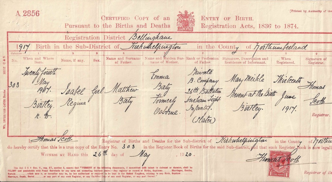 Isobels birth certificate